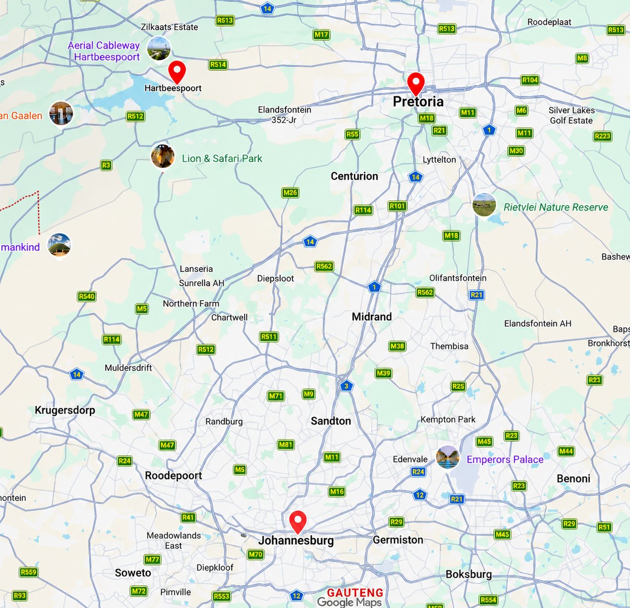 Map of Gauteng service area