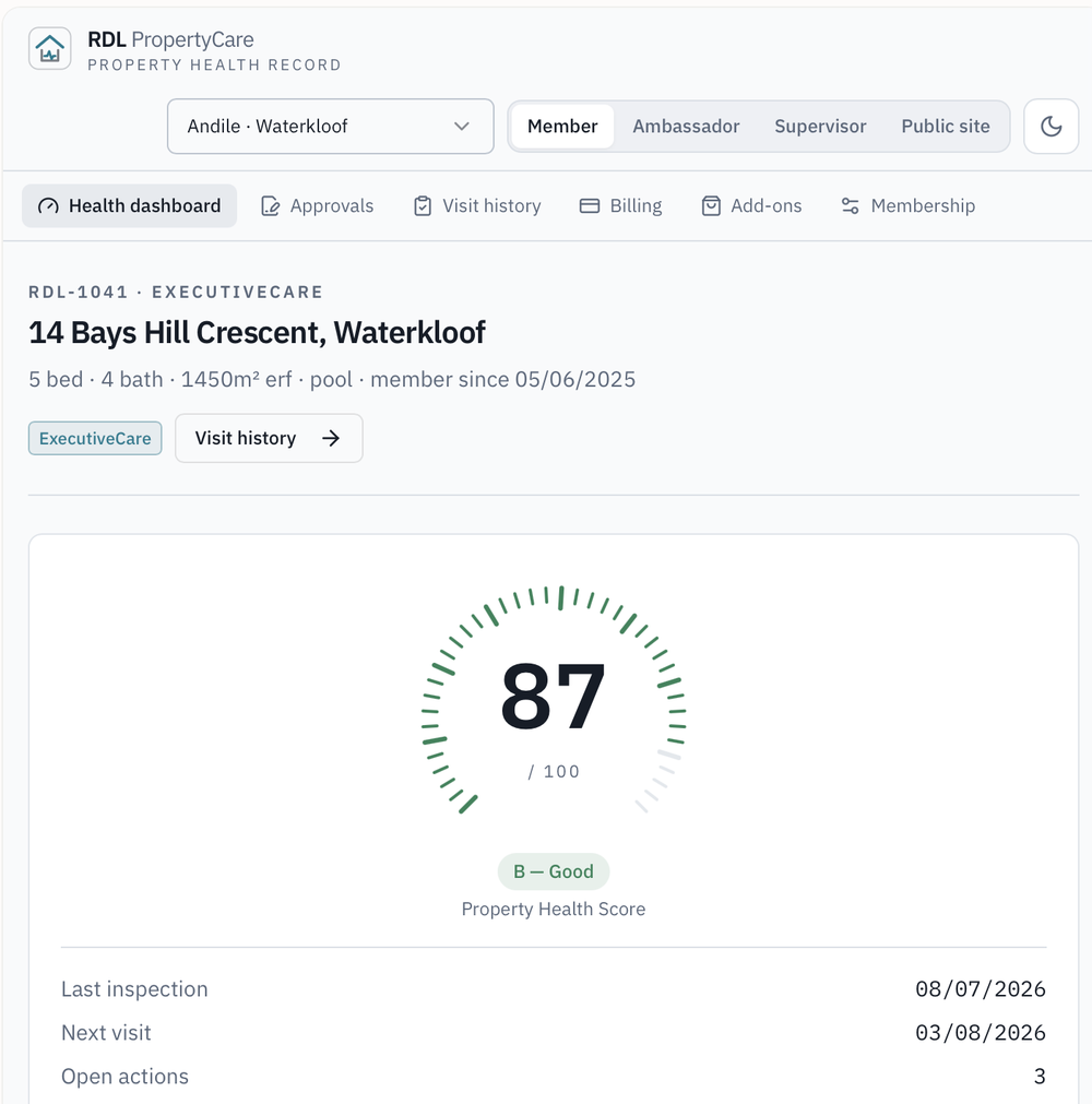 RDL Property Health Record dashboard showing a Property Health Score out of 100